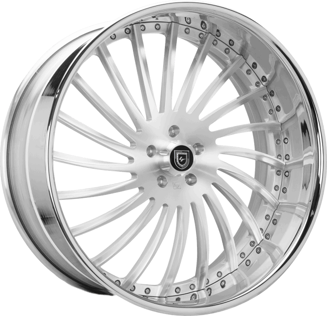 A polished silver multi-spoke alloy wheel rim shown at a three-quarter angle against a solid gray background.